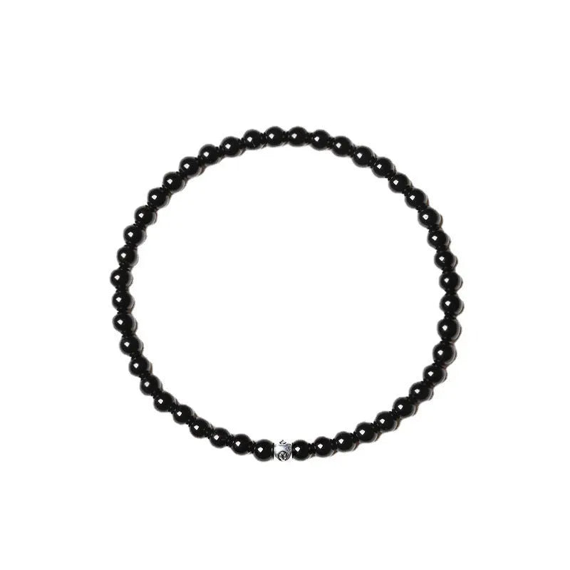Unisex geometric bracelet with 4mm obsidian, blue San, and black agate beads and electroplated finish