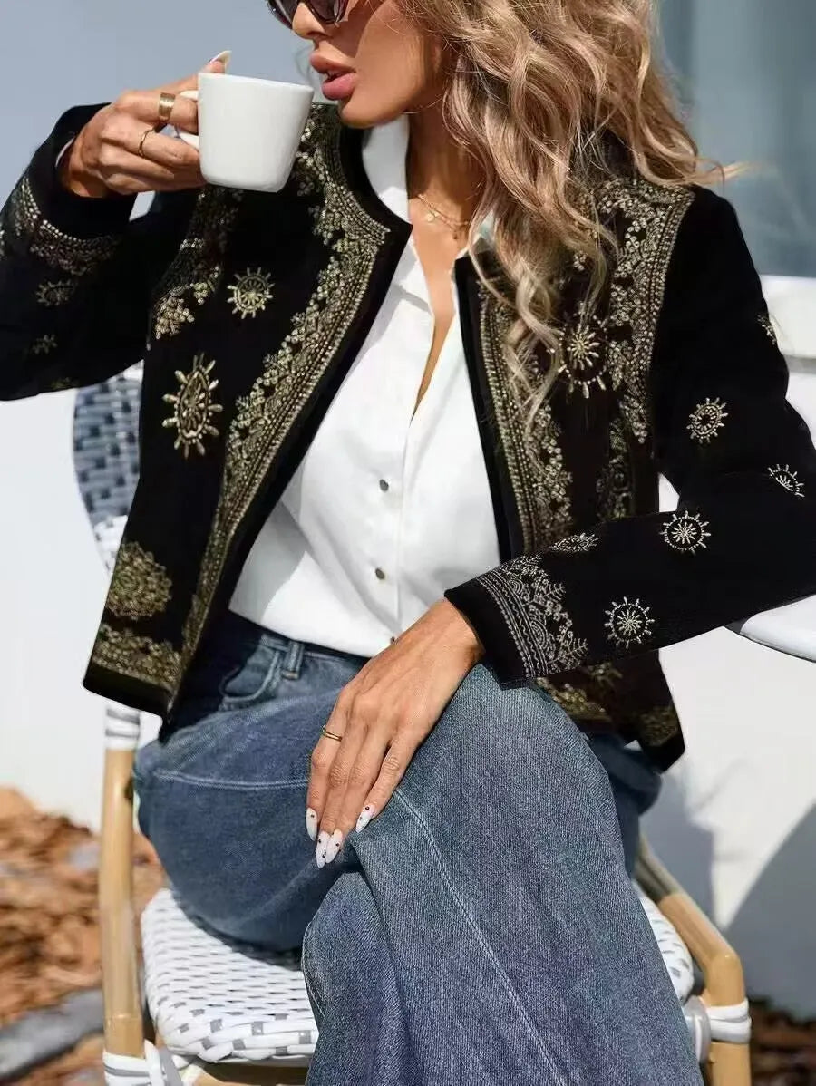 Women's long sleeve hooded printed coat with round neck, polyester milk silk fabric, British style, sizes S to XXL