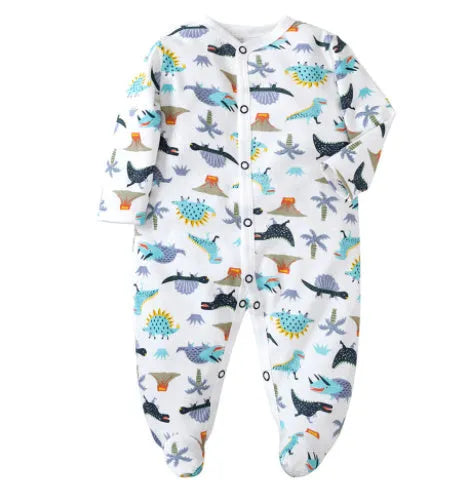 Soft cotton baby one-piece bodysuit in blue and green dinosaur print, size 6M, front view on white background