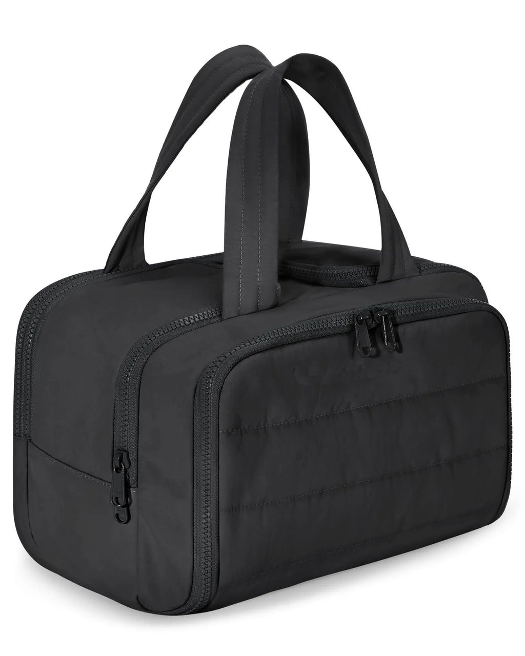Open large travel toiletry bag in polyester showing wide opening and modern style.