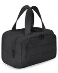 Open large travel toiletry bag in polyester showing wide opening and modern style.