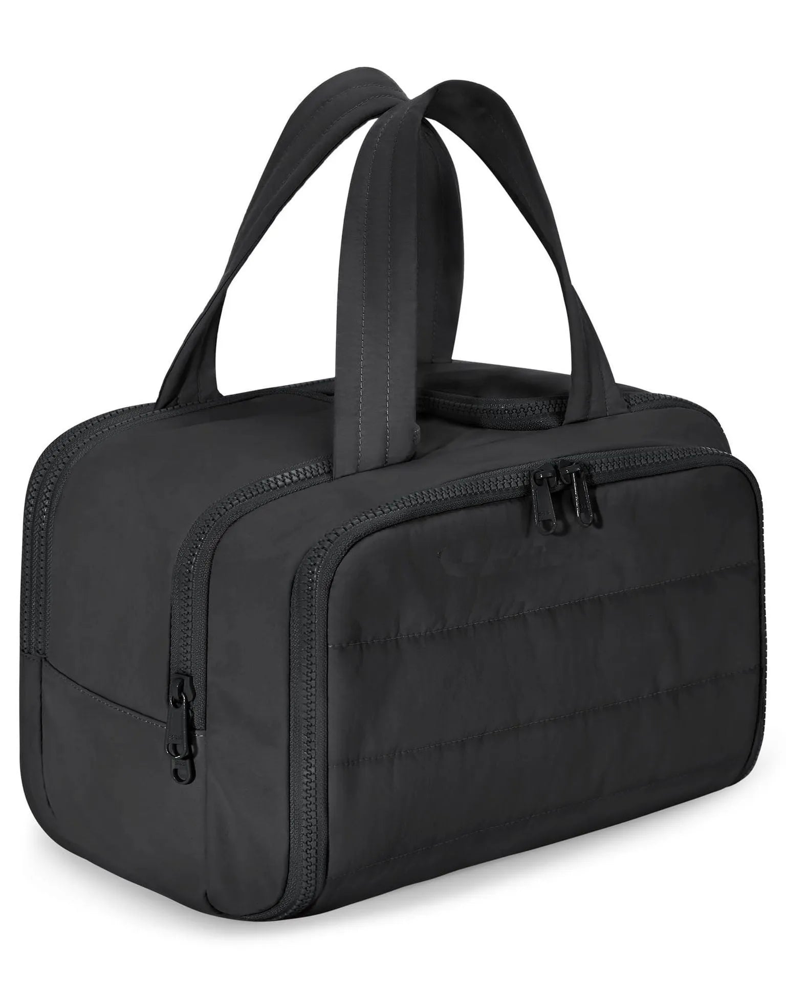 Open large travel toiletry bag in polyester showing wide opening and modern style.