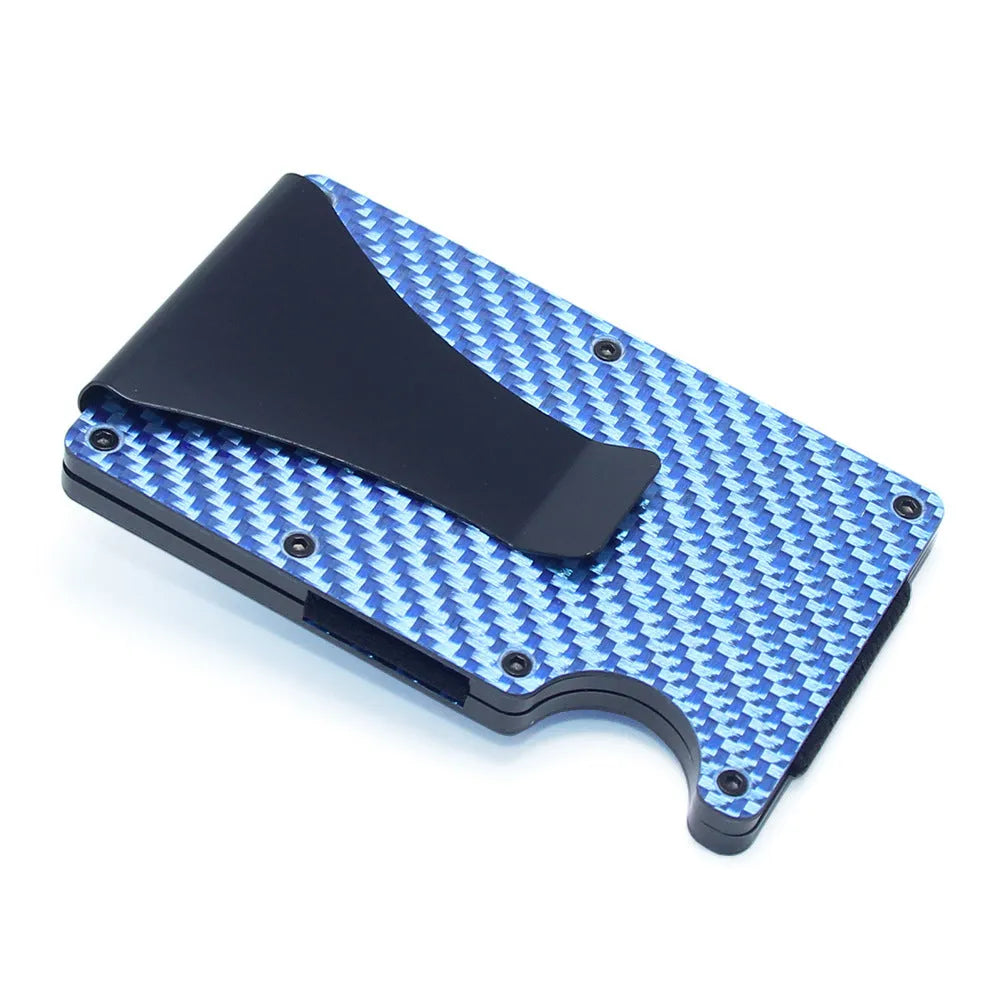 Geometric aluminium and carbon fibre card holder in multiple colours on a table, showing slim 8mm profile.