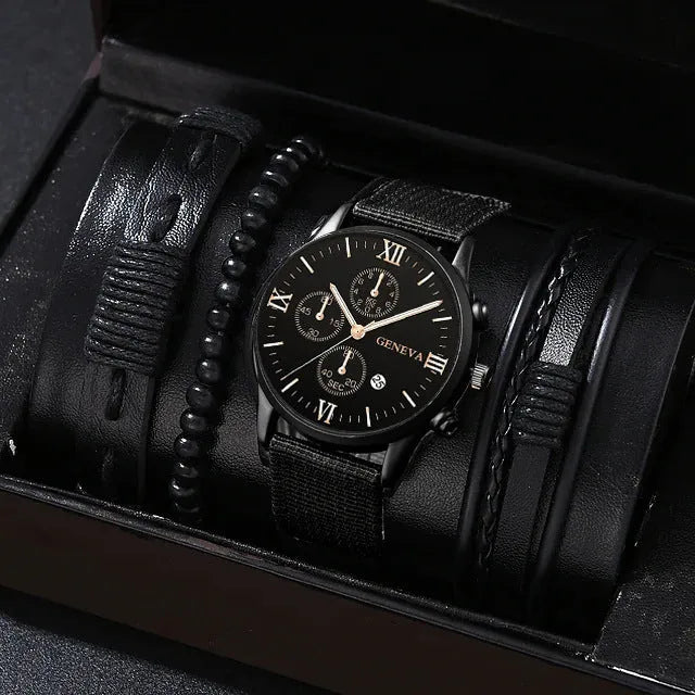 Men's canvas quartz watch and bracelet set with three eye dial, 11mm thick, shown with three bracelets and gift box