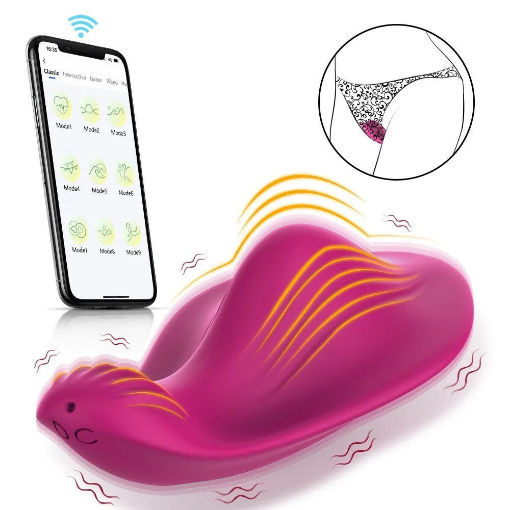 Rose Red silicone wearable butterfly massager for women with app remote control.