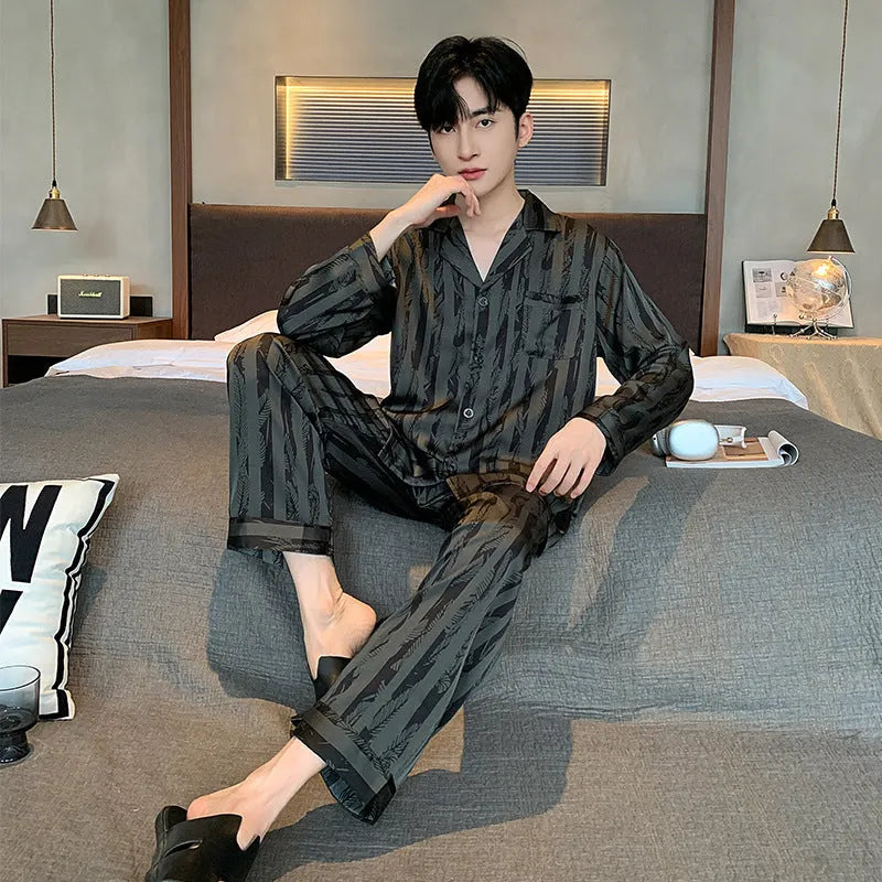 Men's black striped ice silk V-neck pajama set with long sleeves and trousers