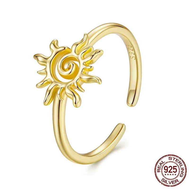 S925 sterling silver ring with 14K gold plating, sun motif, adjustable open mouth, colour BSR709-E
