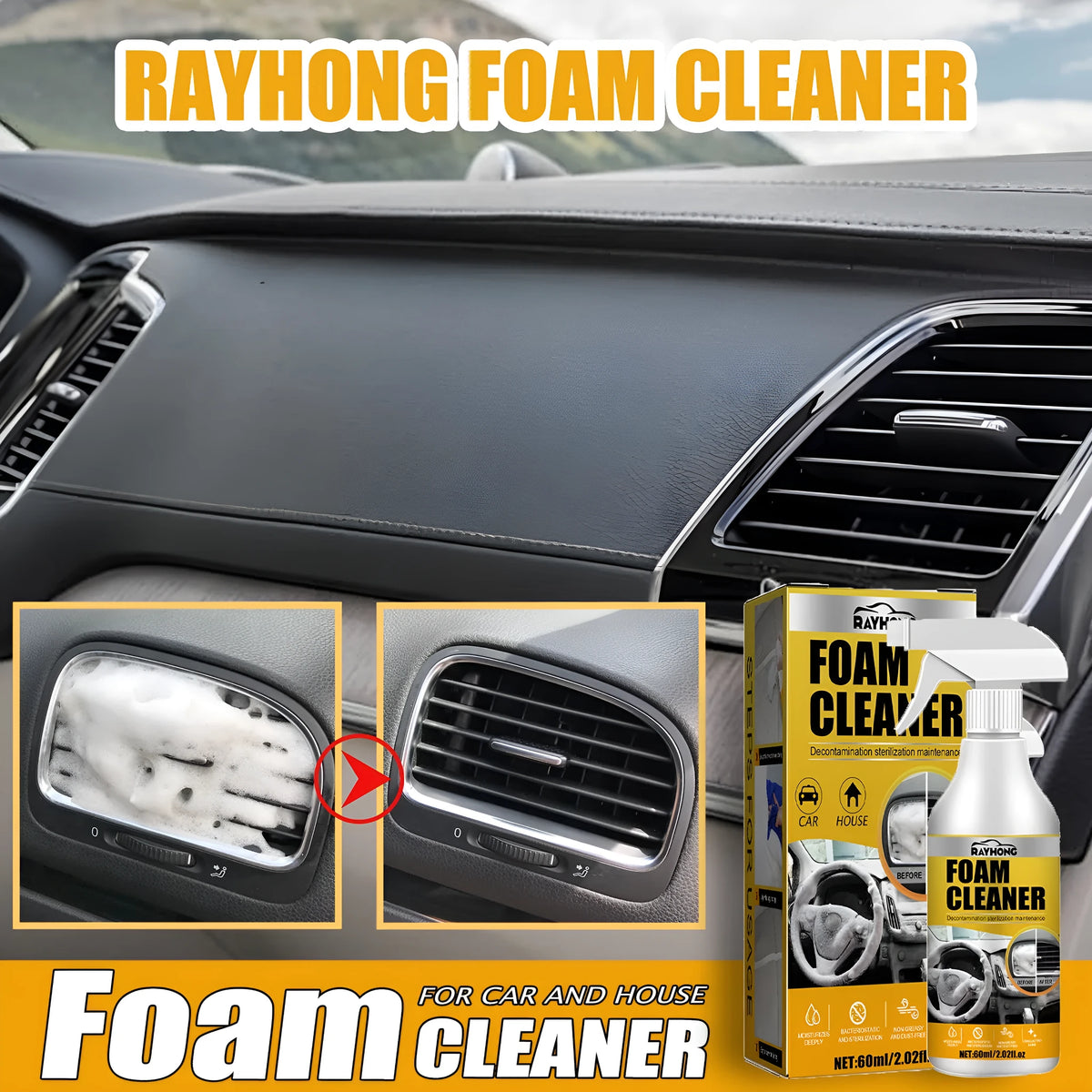 Car interior wash-free foamed cleaner 60ml bottle and foam sponge for upholstery and dashboard cleaning