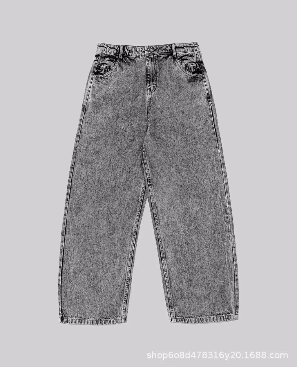 Gray loose straight-leg denim trousers with mid waist on hanger