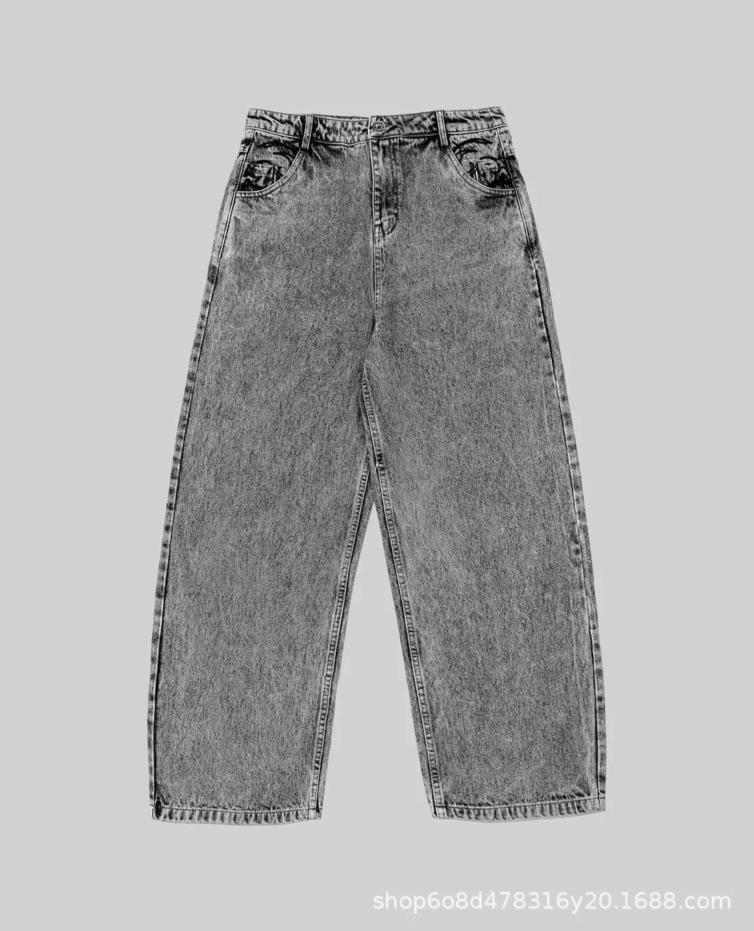Gray loose straight-leg denim trousers with mid waist on hanger