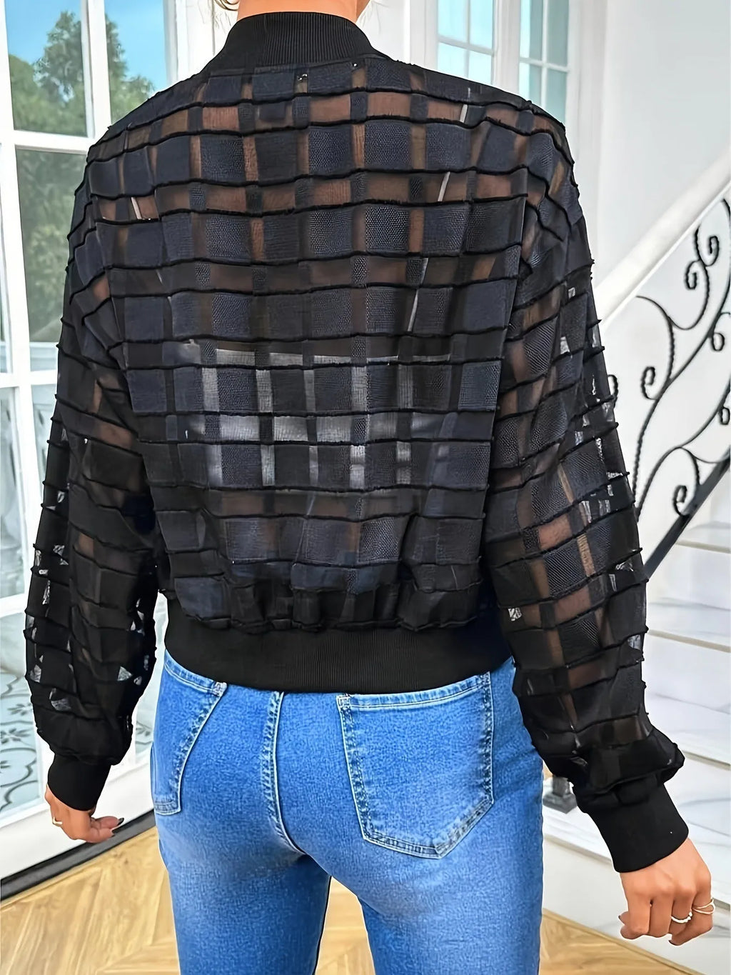 Women's black geometric pattern casual jacket with semi-transparent thread zipper detail