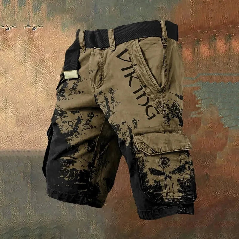 Men's polyester shorts with 3D digital print and zipper fastening, shown in black and grey styles