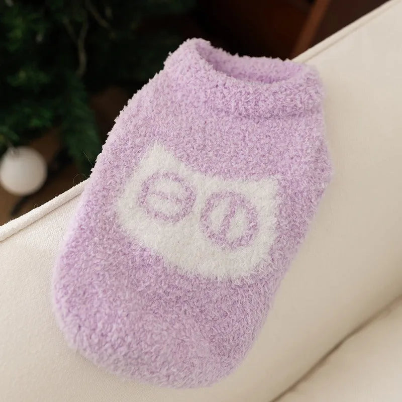 Cute owl face pet sweater in blue and purple, soft plush winter pullover for cats and small dogs, XS S