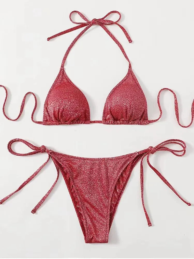 Women's two-piece bandage bikini swimsuit in polyester, shown in one of six colour options.