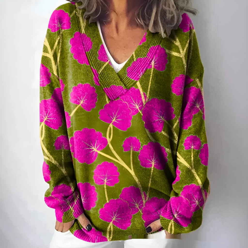 Women's V-neck sweatshirt with 3D floral pattern print in polyester fabric