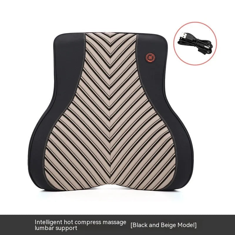 Black and red electric car massage headrest and lumbar support cushion with leather mesh fabric.