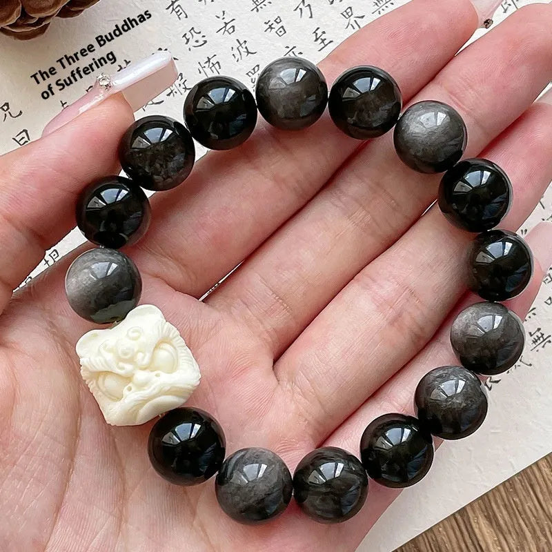 Obsidian prayer beads bracelet with chamfered square grain design in 12mm or 14mm size