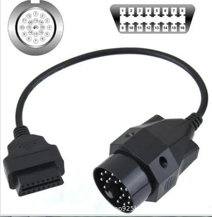 OBD2 adapter cable with black BMW 20-pin male connector and standard 16-pin female OBD2 connector