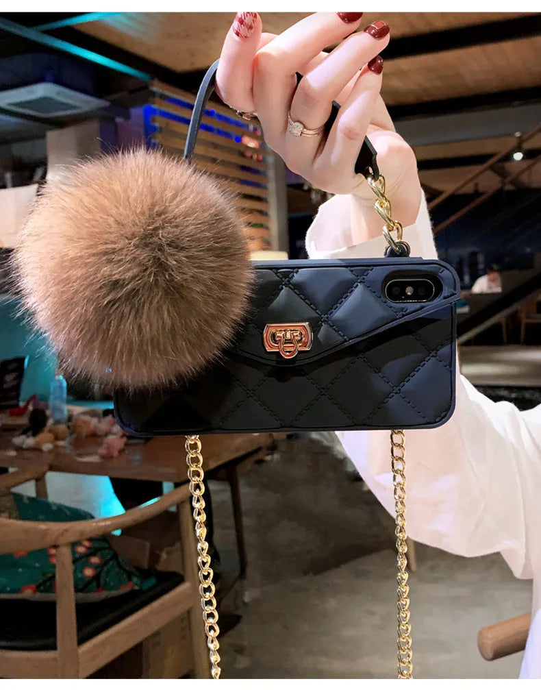 Plush hairball texture TPU back cover phone case for iPhone in a grid pattern.