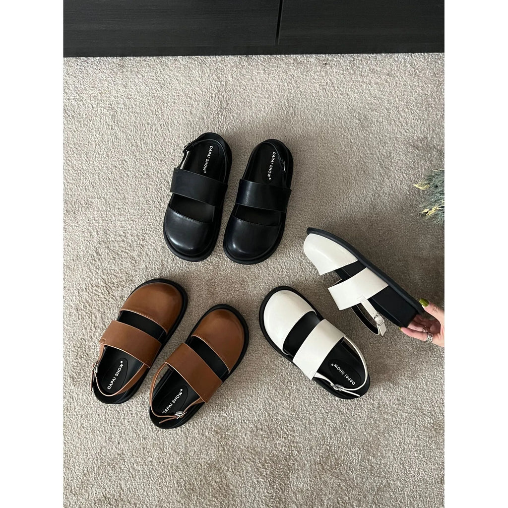 Women's retro Korean style sandals with an adjustable ankle buckle strap in black, brown, or apricot.