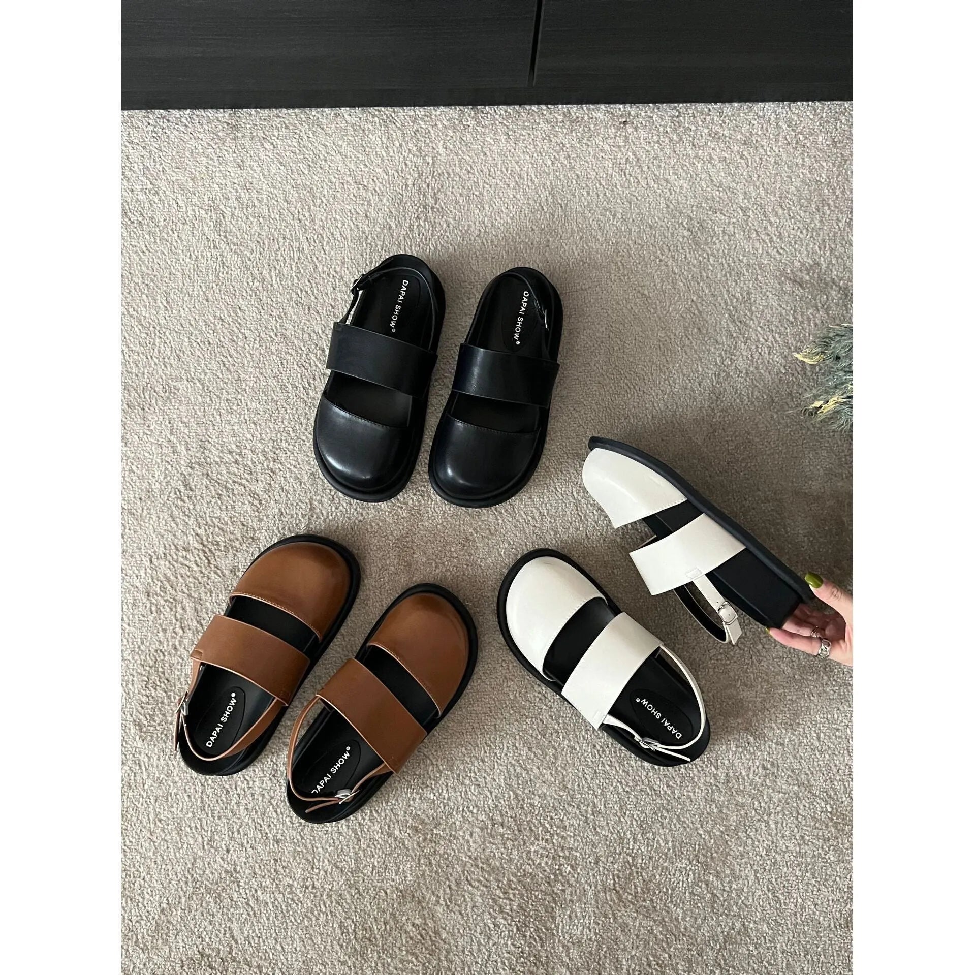 Women's retro Korean style sandals with an adjustable ankle buckle strap in black, brown, or apricot.