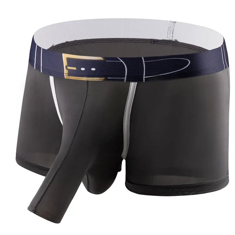 Men's solid colour ice silk boxer shorts on a grey background, showing the mid waist design and lightweight fabric texture.