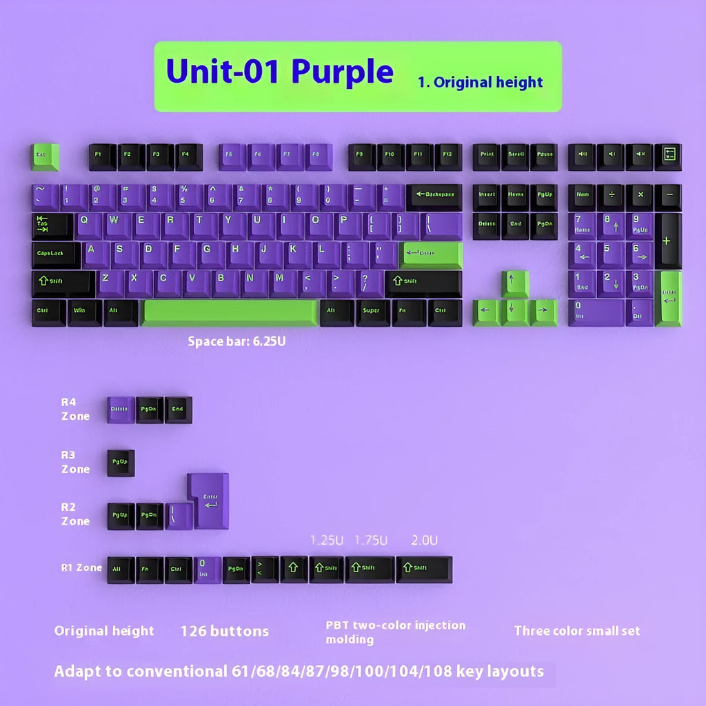 Positive engraved small full set 126 two-colour keycaps for mechanical keyboards in black and purple