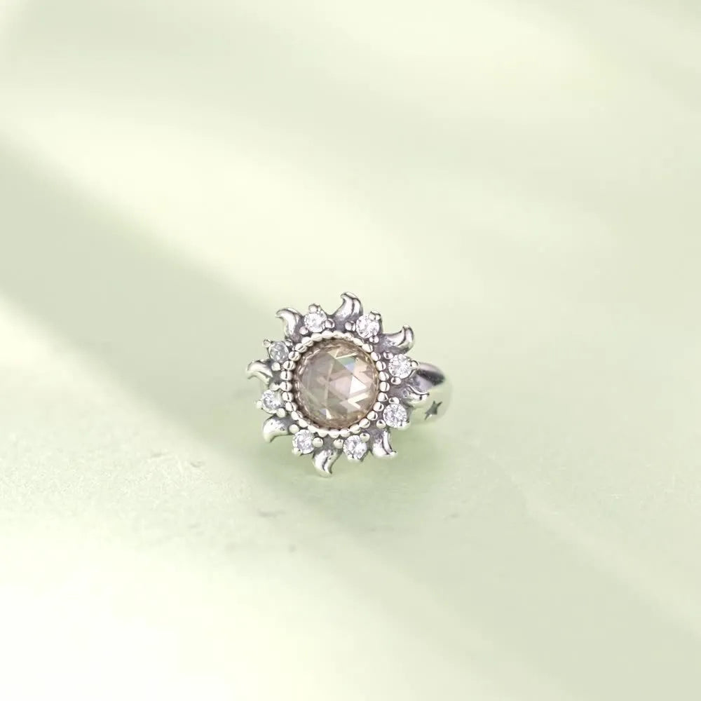 S925 sterling silver sunflower silicone positioning spacer bead on white background, 0.9cm size, SCC3163