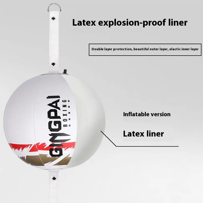 A black hanging boxing speed ball for reaction and dodge training, shown suspended.