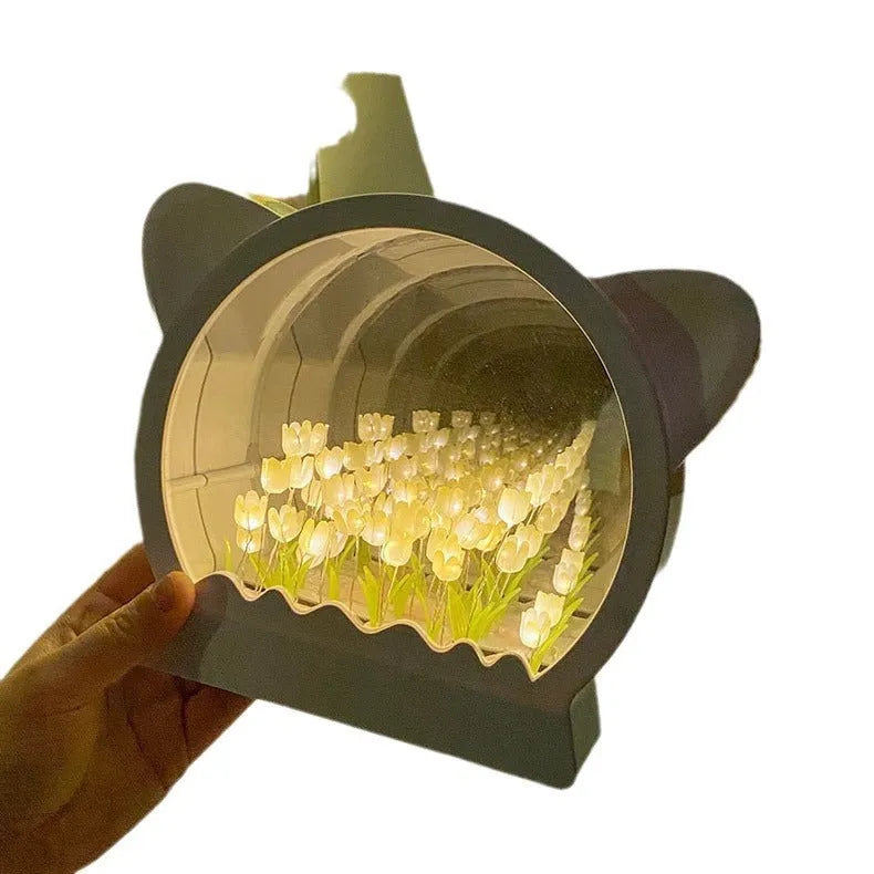 DIY cat head shaped night lamp with handmade tulip flower sea decoration