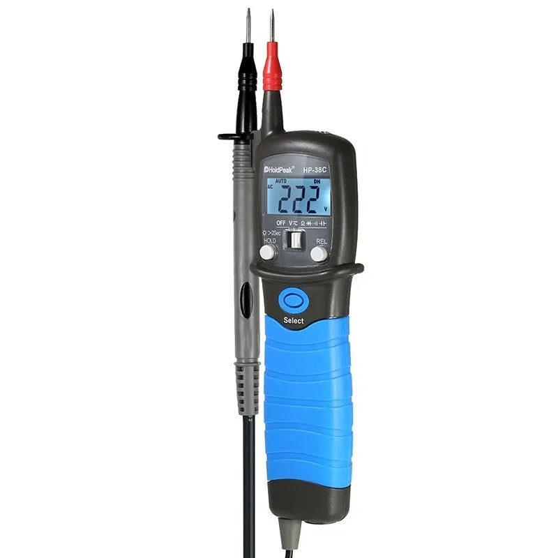 Huapu HP-38B digital pen multimeter with pen-style body, LCD display, and test leads on a white background