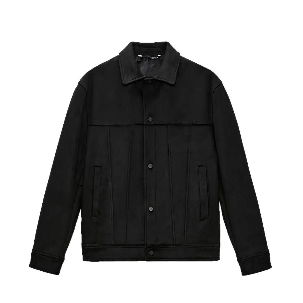 Black men's hooded jacket with a suede collar and side seam pockets.