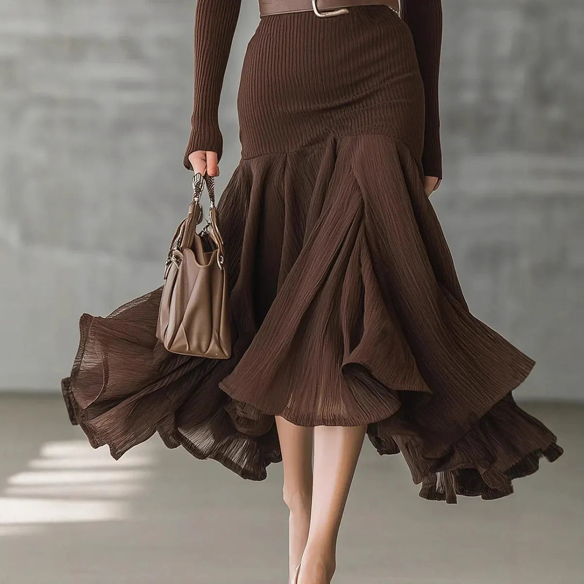 Stitching V-neck long-sleeve dress in solid dark brown with high waist and asymmetric long skirt, sizes S-XXL.