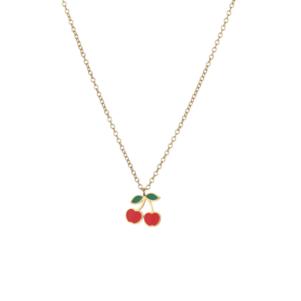 Cherry jewellery set showing necklace, bracelet, earrings, and ring with stainless steel construction