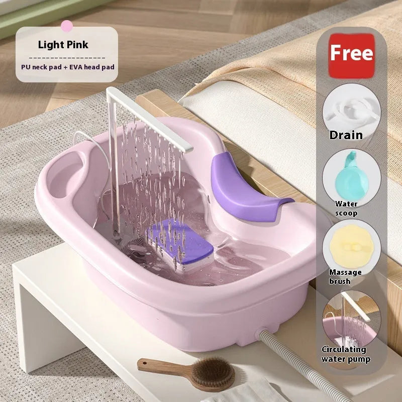 Plastic shampoo basin with neck pillow and water pump system for lying down hair washing
