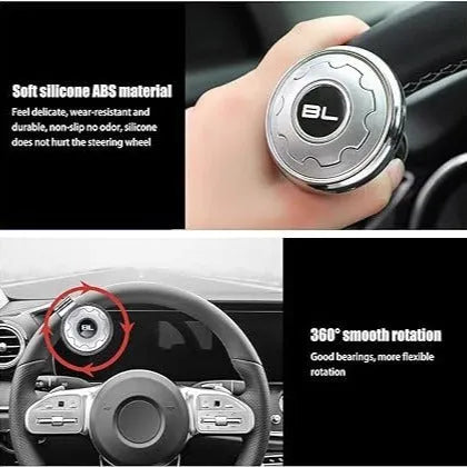 Universal metal steering wheel assist knob with steel ball bearing, shown in black, silver, carbon fibre, electroplating and wood grain colour options