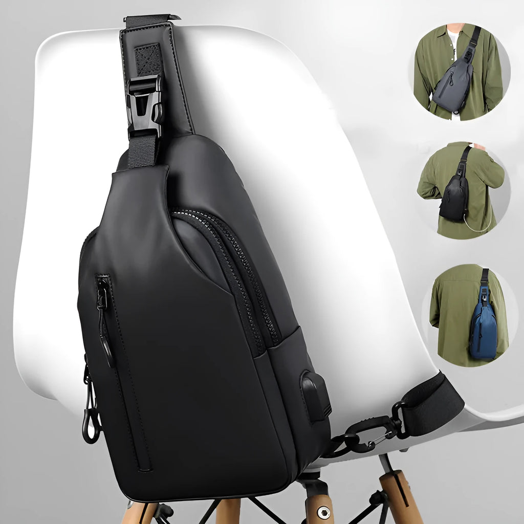 Black sling crossbody backpack for men with zipper and polyester lining, vertical square shape, solid colour design