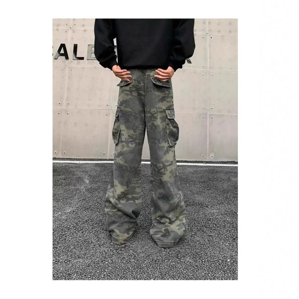 Men's washed camouflage print cargo trousers with multiple pockets and a mid waist design.