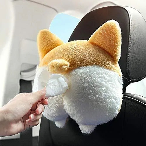 Yellow plush corgi butt-shaped tissue box cover with elastic strap for car sun visor