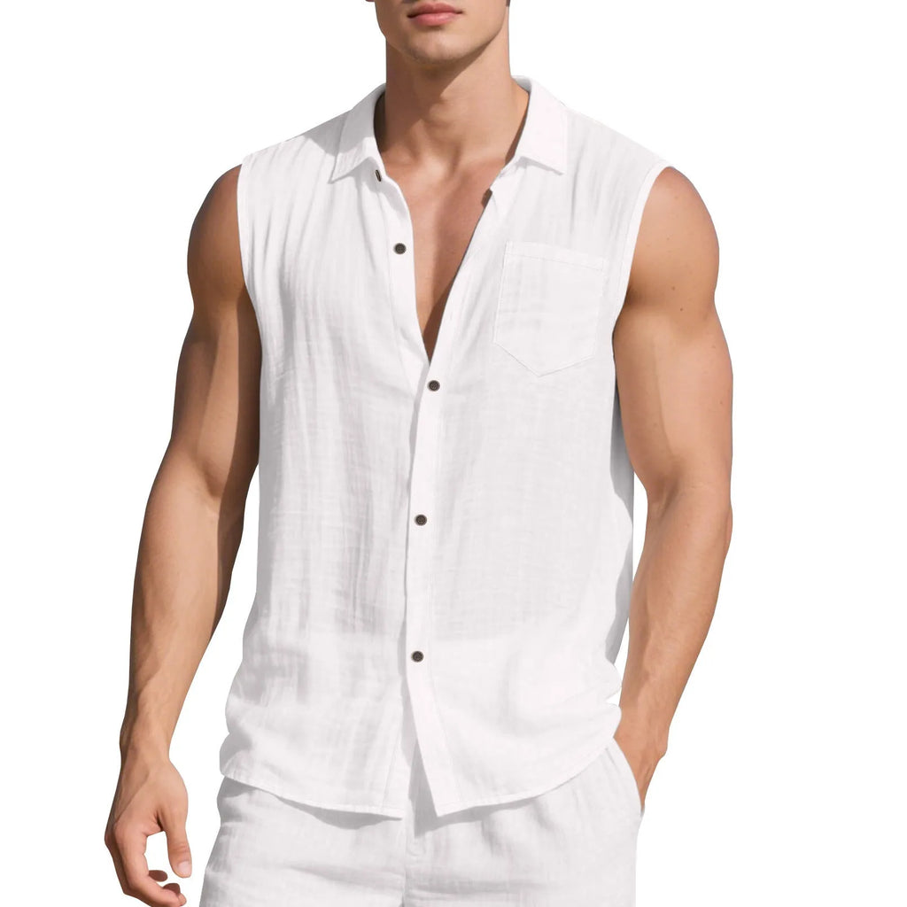 Men's solid colour linen cardigan vest with a polo collar, shown in a loose fit.