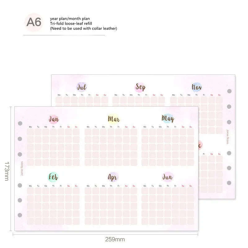 Loose-leaf refill sheets in A5, A6, and A7 sizes with floral and tri-fold planner designs