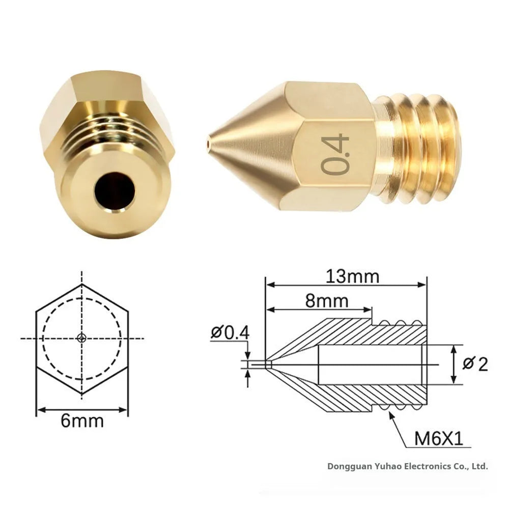 Brass MK8 3D printer nozzle and stainless steel cleaning pin set on a white background.