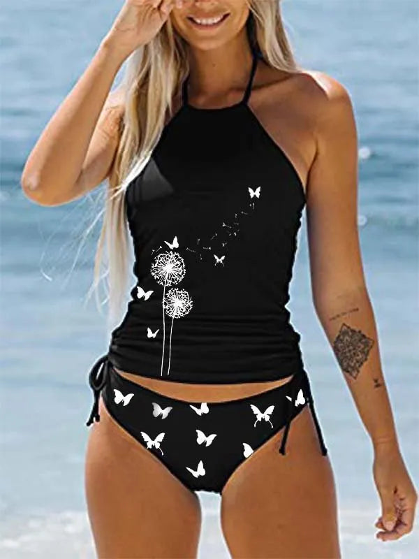 3D printed split swimsuit suit for women in brief style, sleeveless, nylon fabric, available in multiple colours