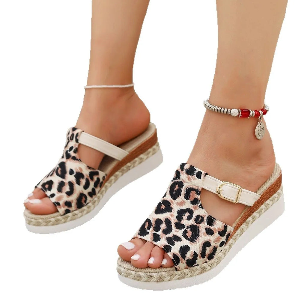 Leopard print wedge sandals with fish mouth toe and rubber sole in beige, green, or yellow