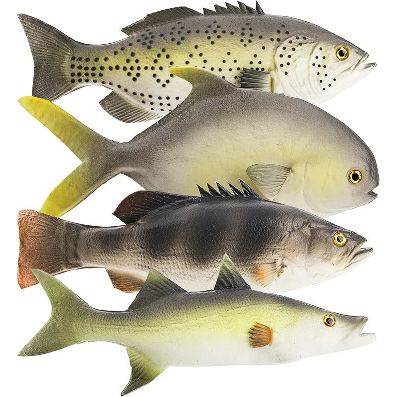 Set of four colourful PU simulated fish model ornaments including tuna and flower fish on a white background.