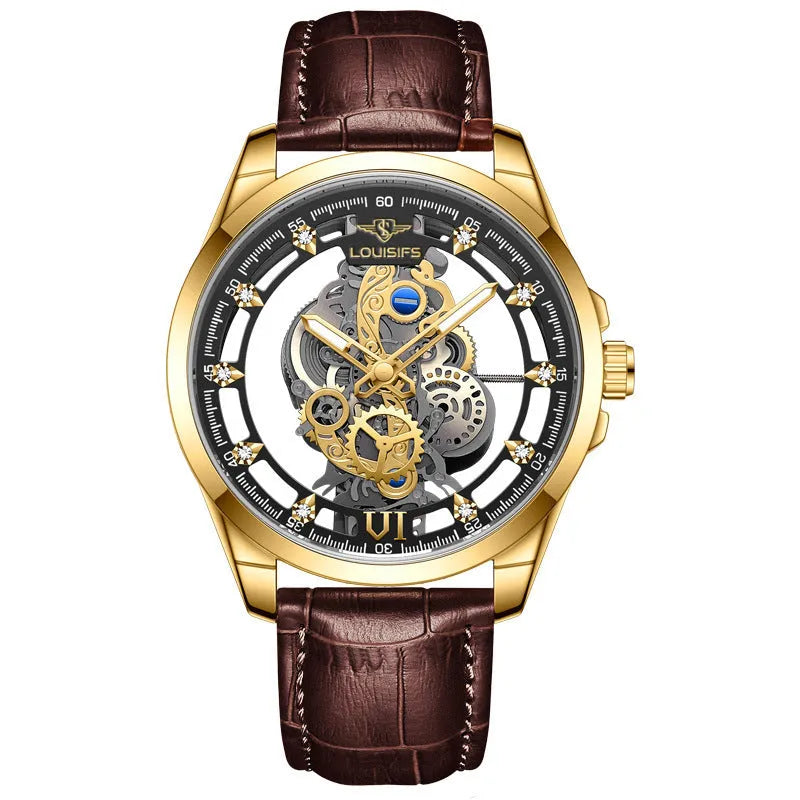 Men's Swiss quartz watch with double-sided hollow movement and leather strap