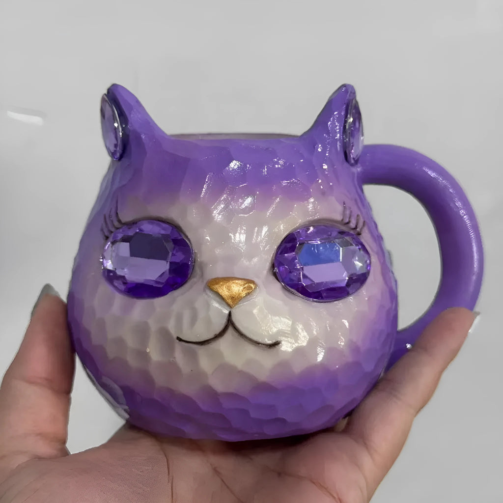 American style decorative resin cat cup in blue, green, pink, or purple colour.