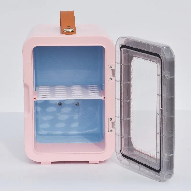 Beauty mini refrigerator with transparent door in pink colour showing dual hot cold functions