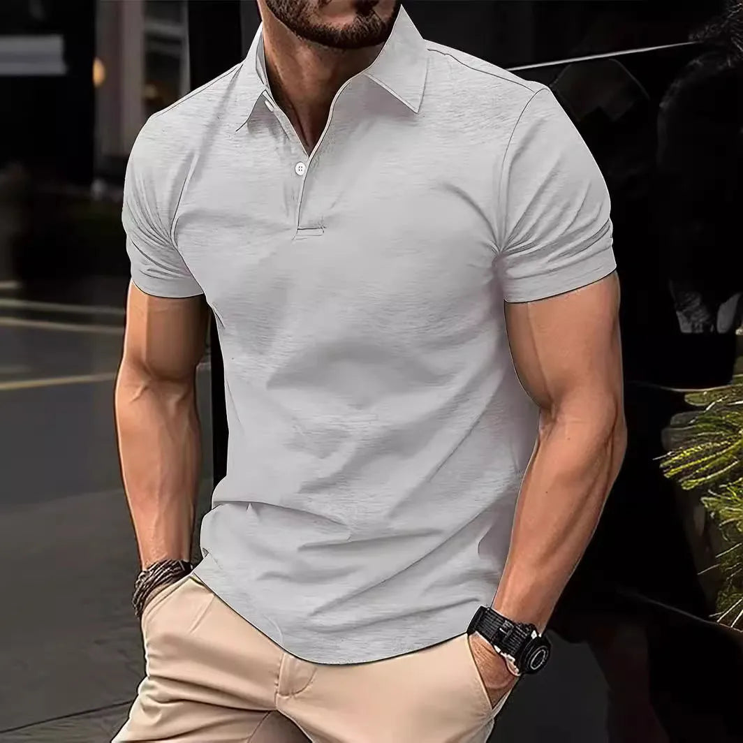 Men's solid colour short sleeve button-down shirt in slim fit on a hanger.