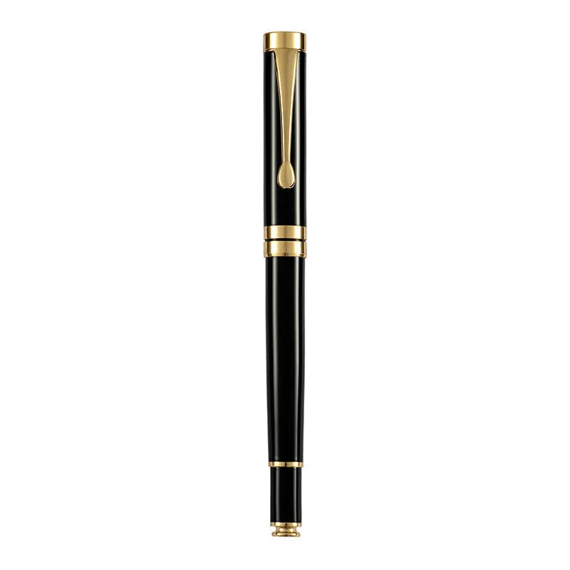 Metal fountain pen with fine F-0.5mm nib, black gold clip finish, 140mm length